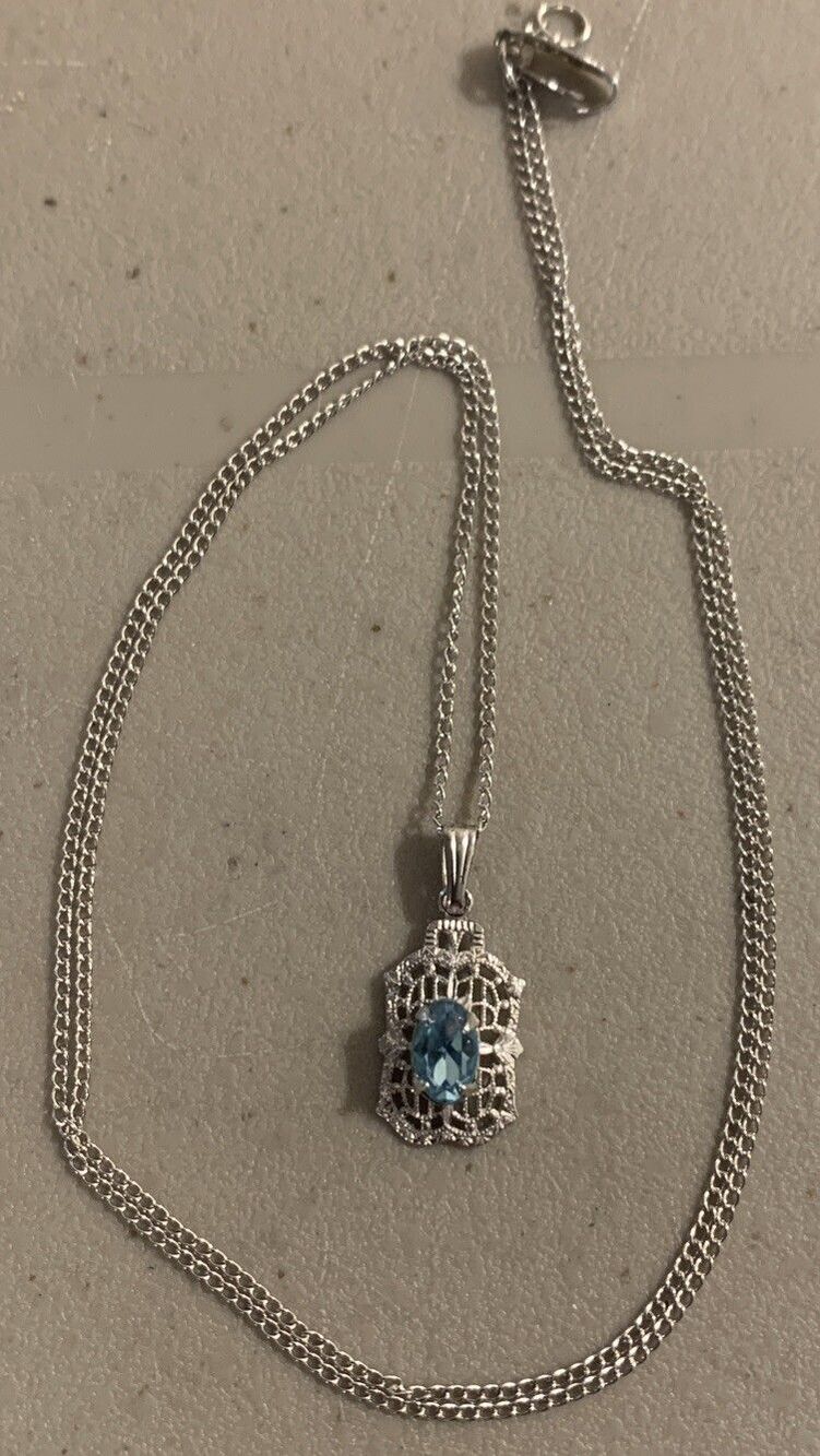 Vintage Victorian STYLE Sterling Silver Aquamarine Necklace  18”